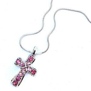 Pink Small Opaline Rainbow Clear Cross Necklace